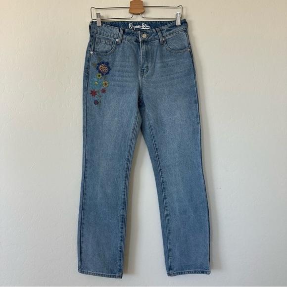 Organic Blue Denim - Organic Blue Boho Artsy Embroidered Floral Straight Leg High Rise Jeans Size 7